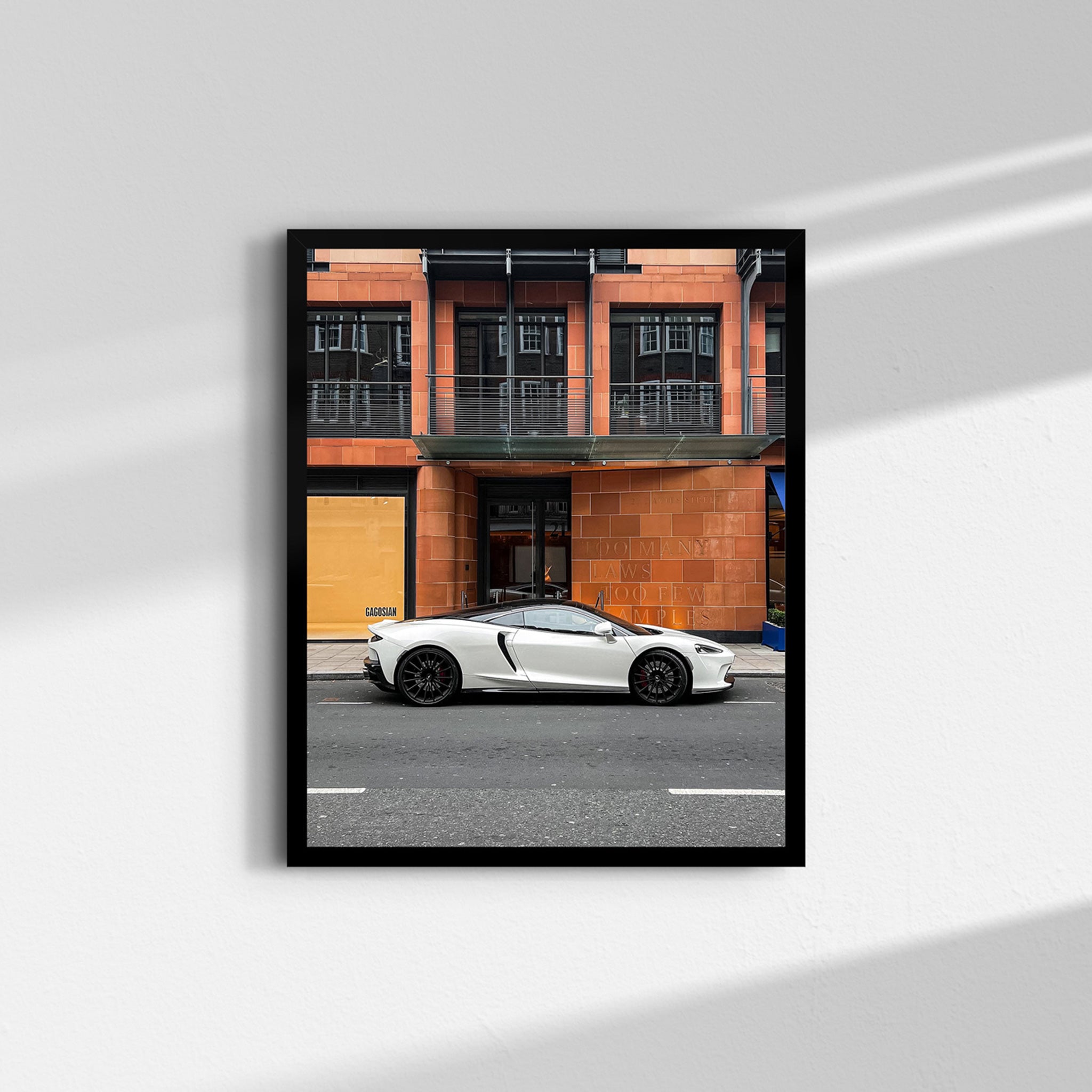 McLaren GT fine art print photographed on a hidden Mayfair street, London