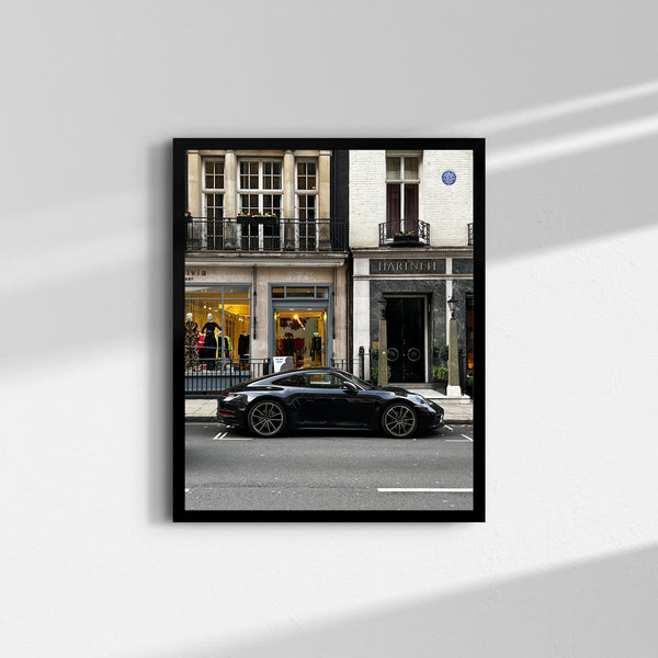 Black Porsche 911 Carrera fine art print photographed on Bruton Street, Mayfair, London