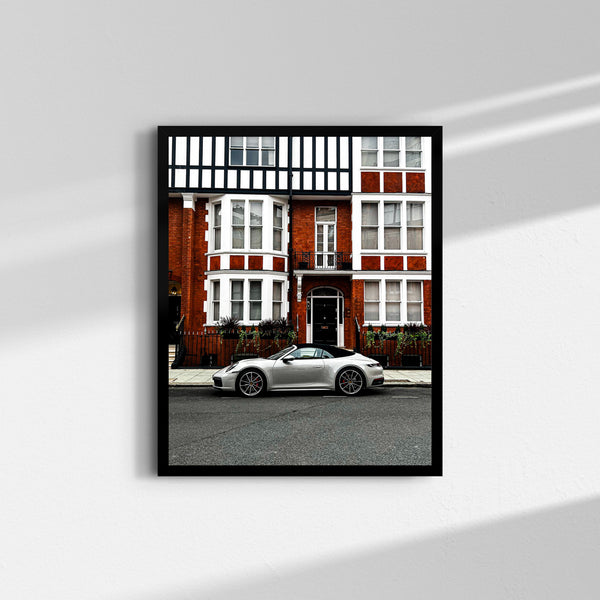 Silver Porsche 911 Cabriolet fine art print photographed in Knightsbridge, London
